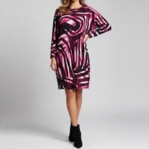 Natori Scuba Stretch Sheath Dress Long Sleeve Pink Black Swirl Size 6 New NWT